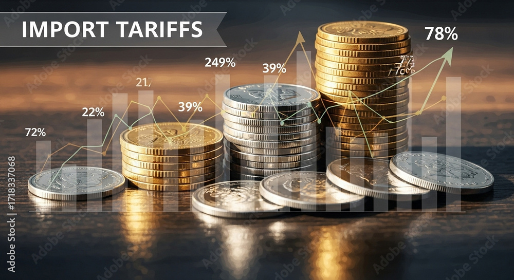 Poster stacks of coins with financial growth charts and import tariffs overlaying the image display