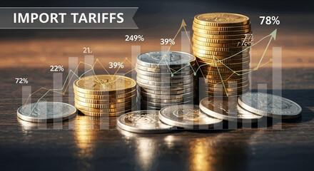Stacks of coins with financial growth charts and import tariffs overlaying the image display