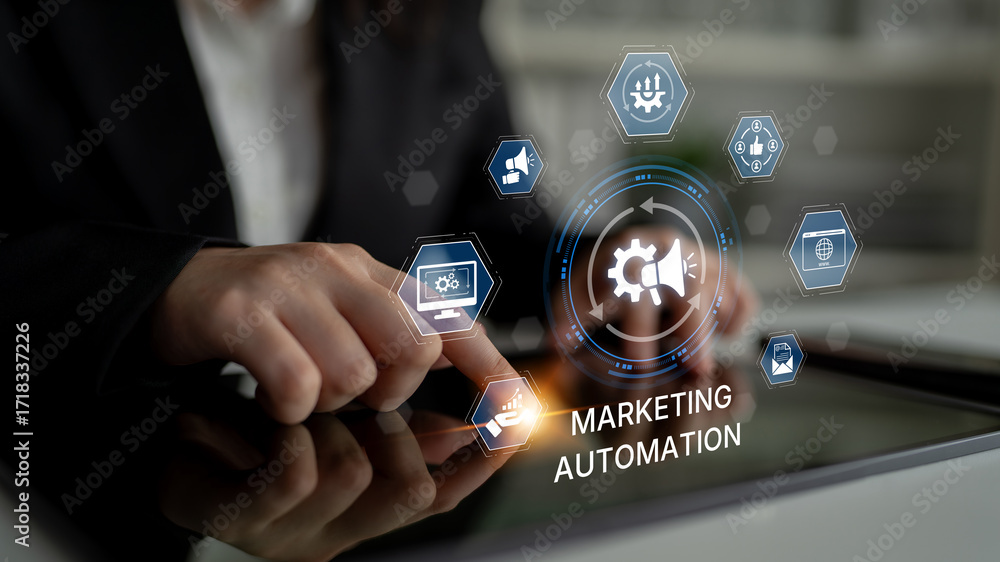 Aufkleber marketing automation diagram showcase ai-driven campaign workflow, highlight marketing automation, d