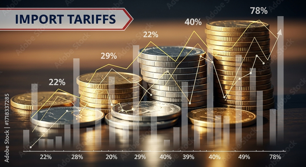 Poster import tariffs concept with stacked coins and rising graph showing percentage increases in business