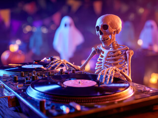 Halloween-themed skeleton dj spinning records at a spooky party