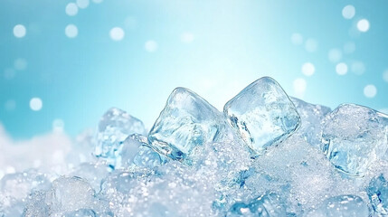 Refreshing ice cubes against blue background for cooling and refreshment concept design