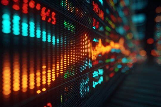 Dynamic stock market display shows fluctuating data trends and financial performance metrics at a trading floor