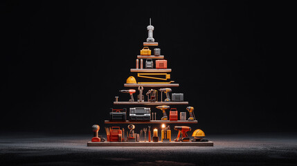 A symbolic Christmas tree creatively made of construction materials, displayed on a black background.
