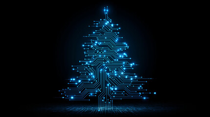 Abstract digital Christmas tree formed by glowing circuit lines on a dark blue background, symbolizing technology and festive connection.