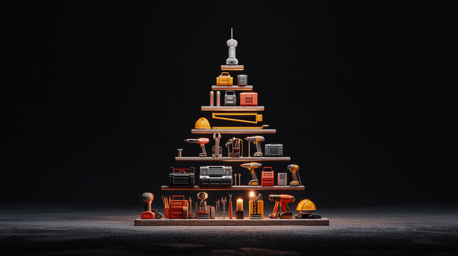 A symbolic Christmas tree creatively made of construction materials, displayed on a black background.
