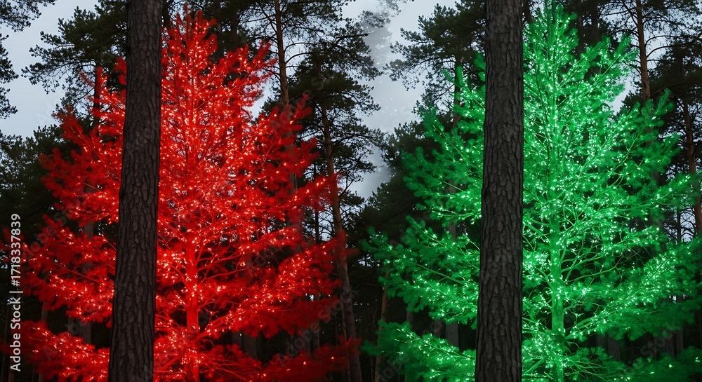 Poster two christmas trees illuminated with red and green lights in a forest setting, creating a festive an