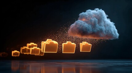 Digital folders glowing and dissolving into a white cloud, symbolizing cloud computing and data transfer in a dark environment.