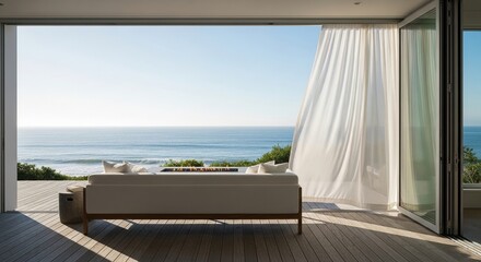 Modern luxury oceanfront patio with panoramic sea views, white sofa seating, sheer curtains blowing in breeze, serene coastal lifestyle retreat
