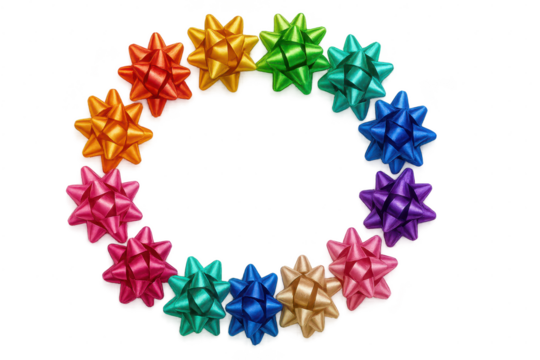 Festive rainbow gift bows forming a circle, isolated on transparent background