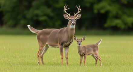 Majestic Buck and Young Fawn Standing Together in a Lush Green Field