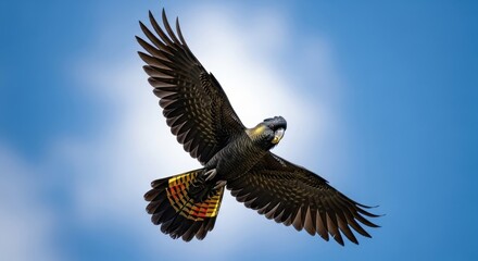 Obraz premium Magnificent Yellow Tailed Black Cockatoo Soars Gracefully Through the Bright Blue Sky