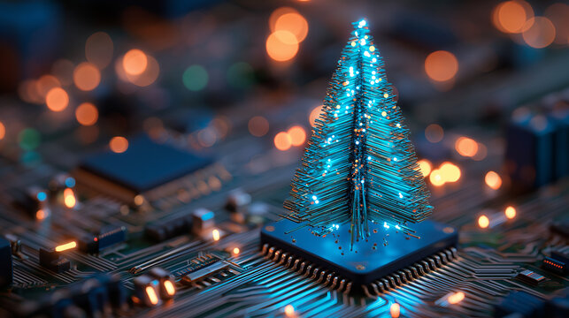 Abstract christmas tree with blue lights in circuit network digital technology electronic concept.  - Powered by Adobe