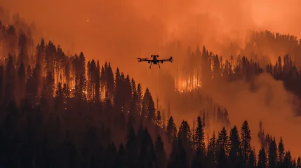 Canvas schilderij Rood Drone flying over a forest fire at dusk with smoke and flames illuminating the trees  © Soulc