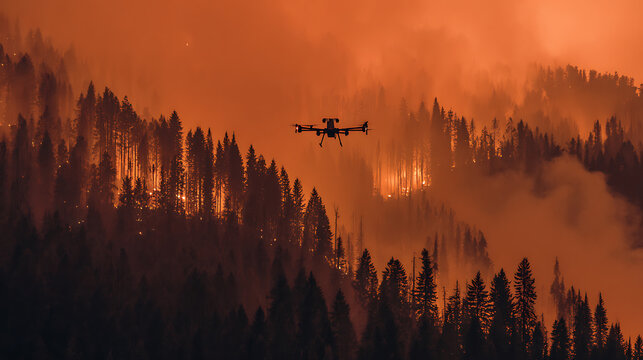 Drone flying over a forest fire at dusk with smoke and flames illuminating the trees