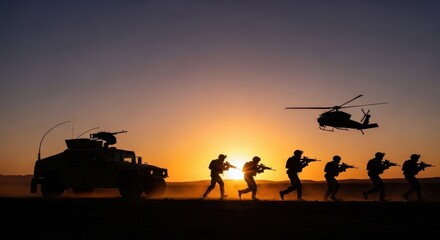Military Soldiers and Helicopter in Dramatic Sunset Silhouette Scene