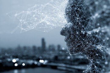 Digital art representation of a human head filled with network connections set against a city skyline at dusk