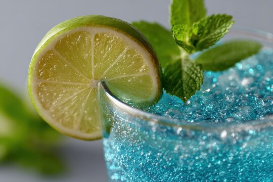 drink photography, a vibrant blue mocktail in an elegant glass, adorned with a lime slice and mint, captured in sharp focus with a soft, even lighting