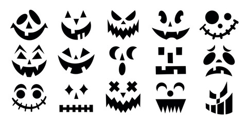 Halloween pumpkin faces set with a variety of scary and happy expressions. Vector flat illustration with funny, and scary eyes and mouth.