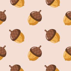 Acorns oak tree seamless pattern. Autumn season. Oak tree fruit wallpaper. Flat cartoon acorn beige background.