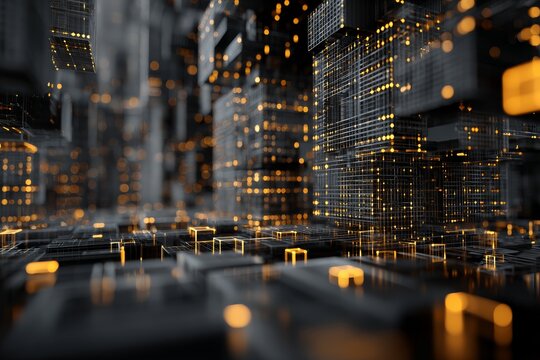 Modern digital cityscape illuminated by glowing yellow lights, depicting a futuristic urban environment filled with intricate structures