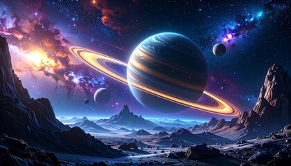 Cosmic landscape with a ringed planet