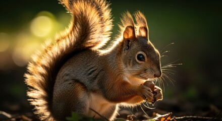 Obraz premium Golden Hour Light Illuminates a Small Squirrel Eating a Nut in the Forest