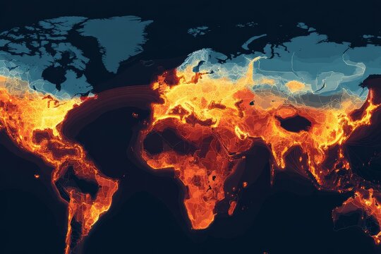 Global heat map illustrating temperature variations across continents in vibrant colors and detailed patterns