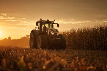Fototapeta premium A tractor drives through a cornfield as the sun sets, casting a warm golden light over the crops. The scene captures the essence of rural farming life and hard work