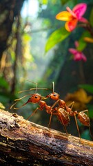 Naklejka premium Two red ants on a log in a lush forest