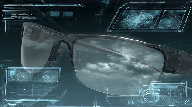 Futuristic smart glasses with digital interface overlays and augmented reality display
