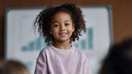 A young girl with curly hair smiles confidently while standing in front of a classroom whiteboard with a chart indicating a presentation