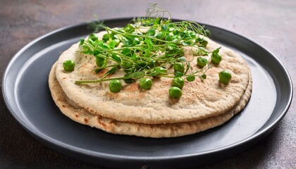 Crafted Unleavened Flatbread With Microgreen Peas Non Leavened Bread Option Inspired By Pesach Celebrations Cultural Significance Of Jewish Passover Classic Pita Style Bread