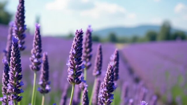 Blooming lavender field. Beautiful purple flowers. Regional organic cultivation.