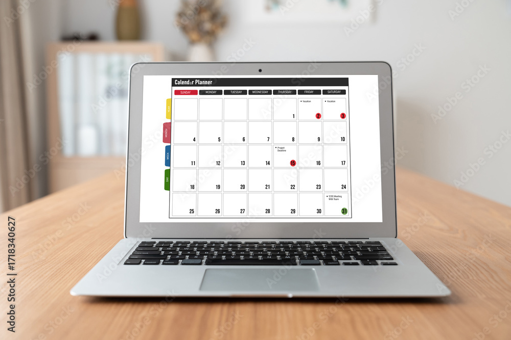 Aufkleber calendar on computer software application for modish schedule planning for personal organizer and on