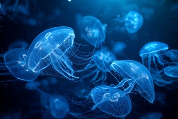 Glowing jellyfish float serenely in the deep blue water, displaying their delicate bodies and long tentacles. The scene captures the peaceful movement and beauty of the underwater world