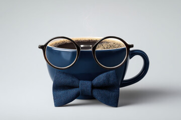 Fototapeta premium Creative coffee mug with stylish accessories including round glasses and a matching bow tie, blending sophistication and humor in a minimalist setting