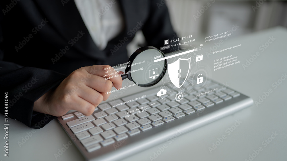 Poster cyber security protects against breaches, hacks, and network attacks using strong infrastructure and