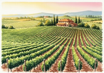 Rolling hills of a tuscan vineyard with a villa in the distance under a warm, sunny sky, watercolor painting