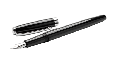 Elegant black fountain pen with silver accents, ready for writing and creativity.