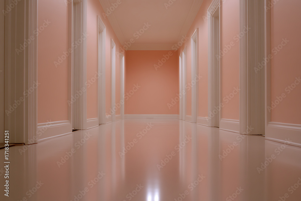 Poster illuminated hallway with soft peach walls and white trim. perspective view down the corridor with sy