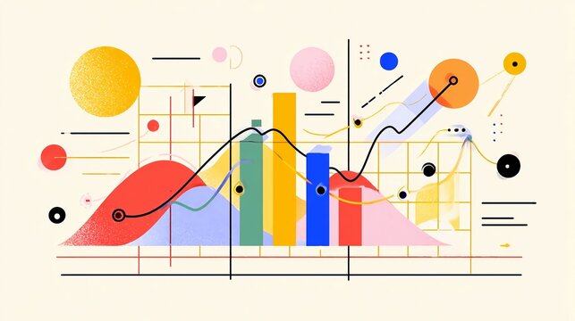 Abstract illustration of a colorful graph with bars and a line.