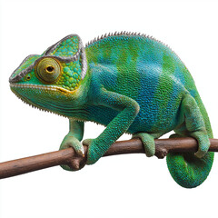 Obraz premium Chameleon isolated on a white background, showcasing its vivid colors, textured skin, and unique ability to blend with surroundings climbing a tree branch 