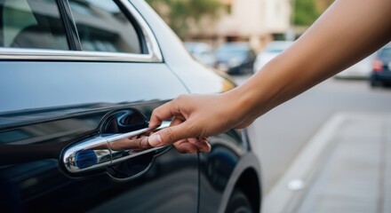 Hand reaching out to open the car door on a sunny day