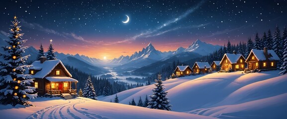 Fototapeta premium A wonderful village nestled in the mountains, covered in snow and facing a frozen river, surrounded by trees decorated for Christmas Day