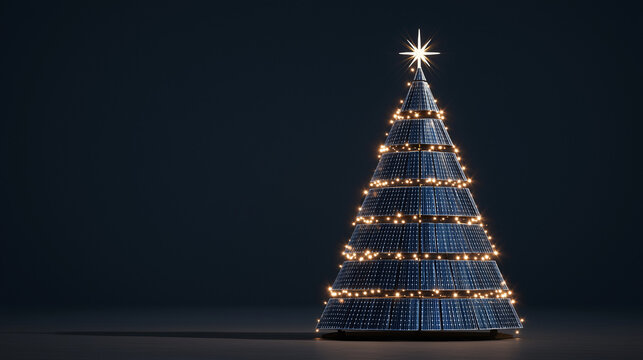 Christmas tree made of solar panels . Concept of holiday decoration and eco-friendly and green technology, renewable energy solutions , on dark background