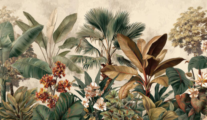 Obraz premium Vintage 3D wallpaper design with tropical plants and lush foliage, oil painting texture, beige background, green leaves, botanical nature pattern