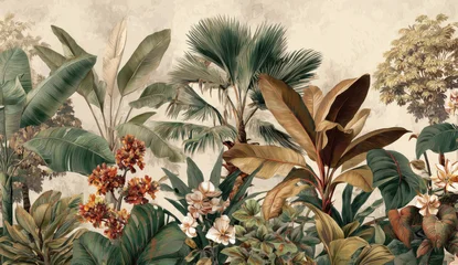 Plexiglas schilderij Jungle Vintage 3D wallpaper design with tropical plants and lush foliage, oil painting texture, beige background, green leaves, botanical nature pattern  © sirajus salekin