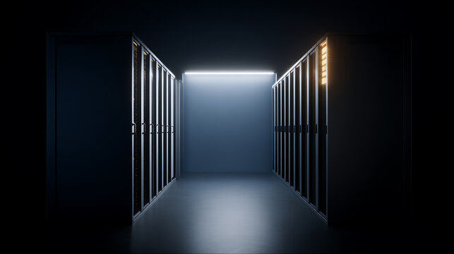 Dark corridor with illuminated server racks and glowing end light