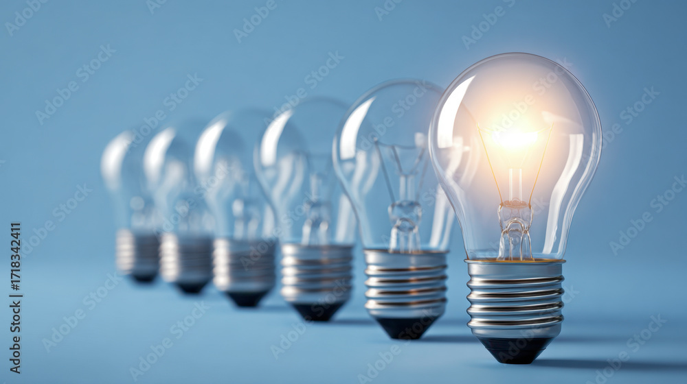 Poster row of classic light bulbs in a line with one bulb illuminated as a symbol of bright ideas and innov